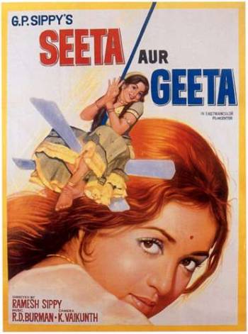 The poster of Seeta aur Geeta featuring Hema Malini in a double-role. In 1942, Nadia had appeared in a double role in the film Muquabla